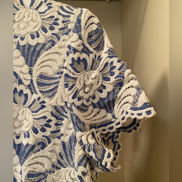 Blue and white lace fully lined Maggy London dress with cap sleeves size 16 - Picture 10 of 11